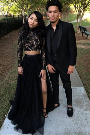 TWO PIECE LONG SLEEVES EVENING GOWN BLACK CHIC SLIT LACE PROM DRESS HZ1023